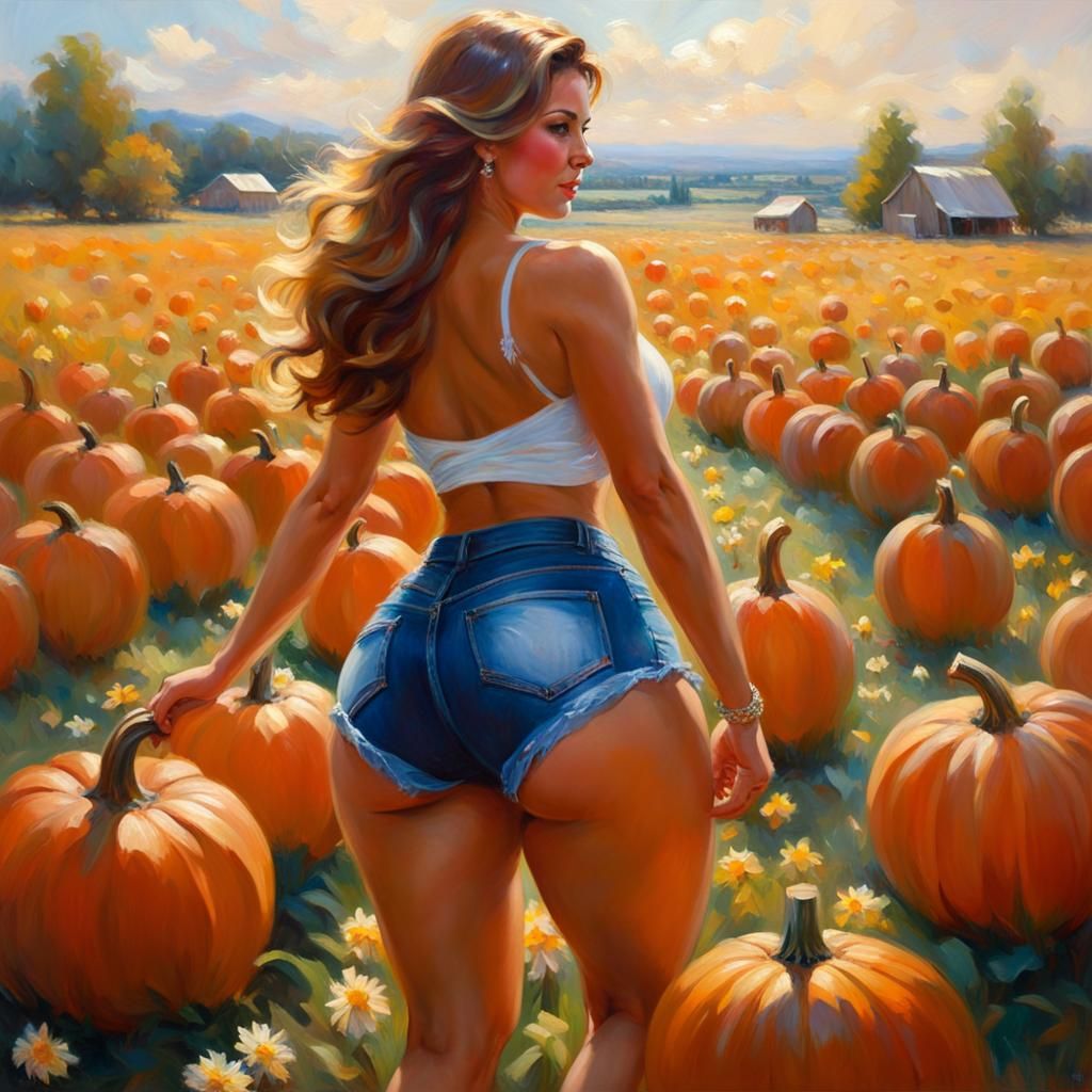 Beautiful thick woman with big booty wearing daisy dukes back facing the viewer while twerking. Pumpkin patch in backgro...