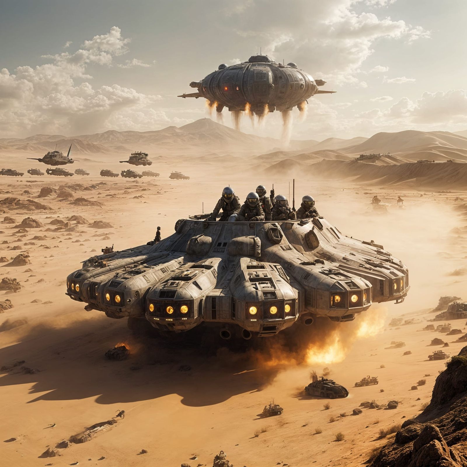 Alien Desert Hovercraft Leading Soldiers