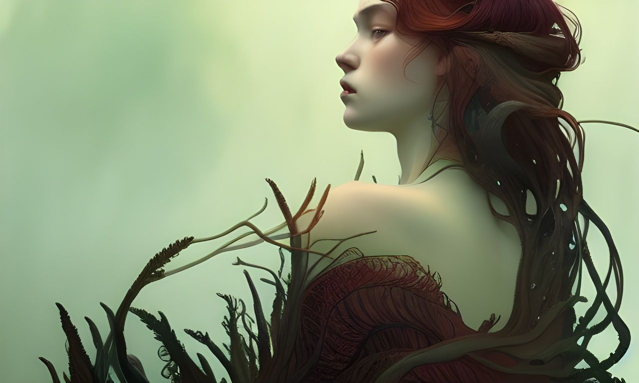 Sad Woman Turning into Seaweed: Digital Portrait