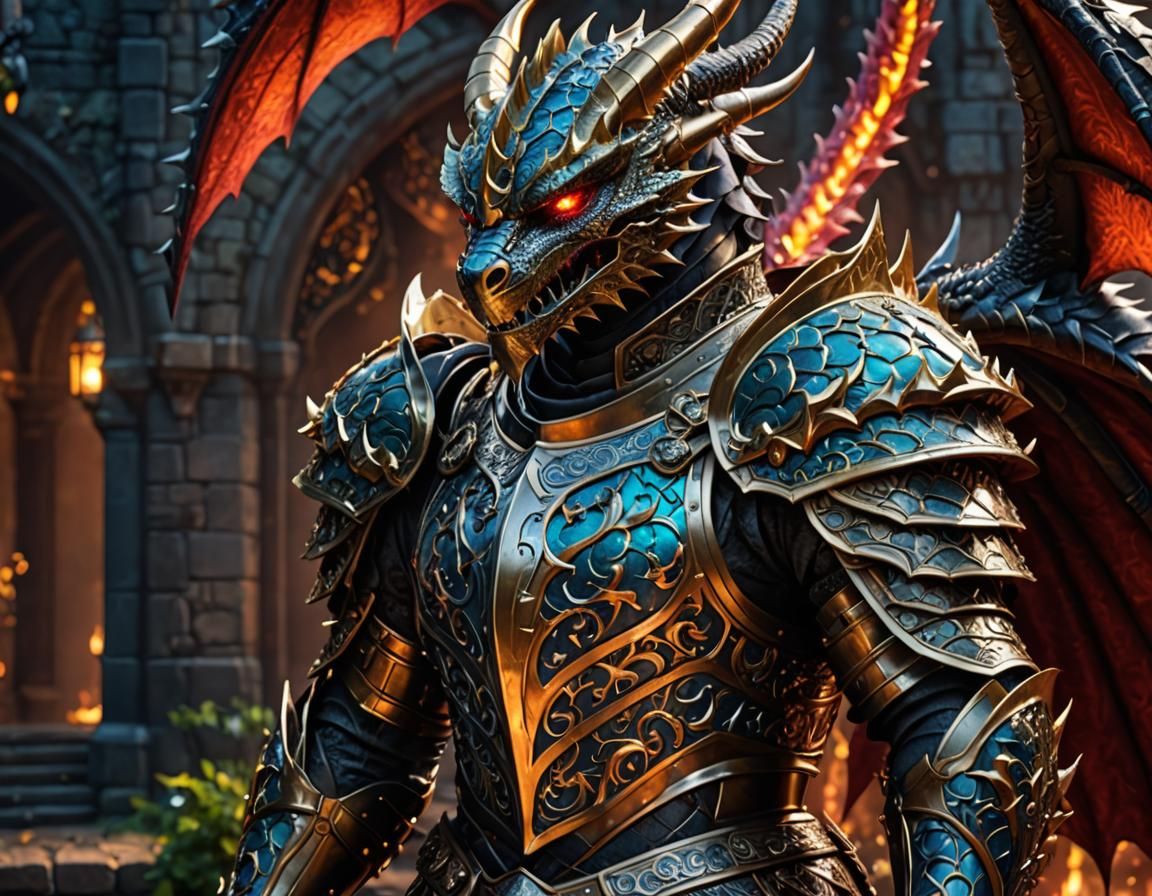 Dragon Knight in Intricate Armor, Detailed 3D Render