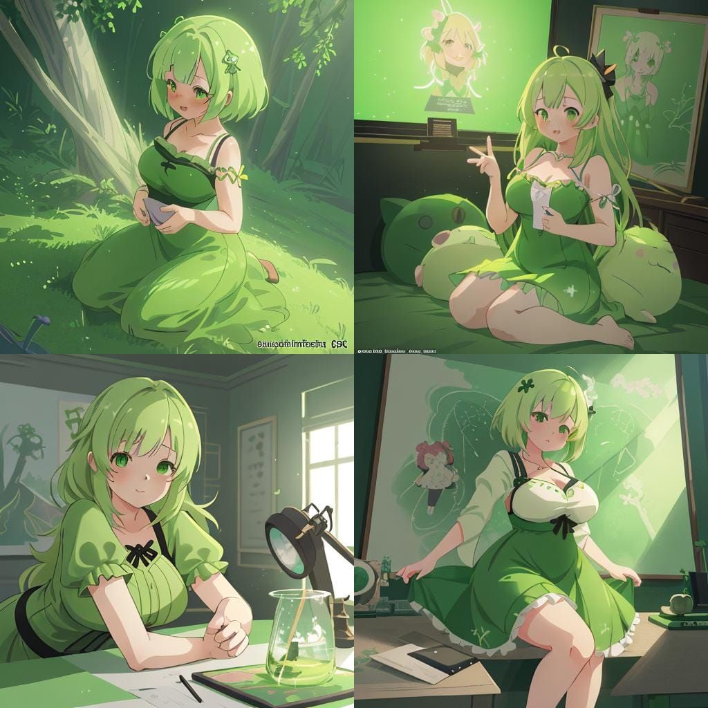 Cute Woman With Green Dress and large bosom