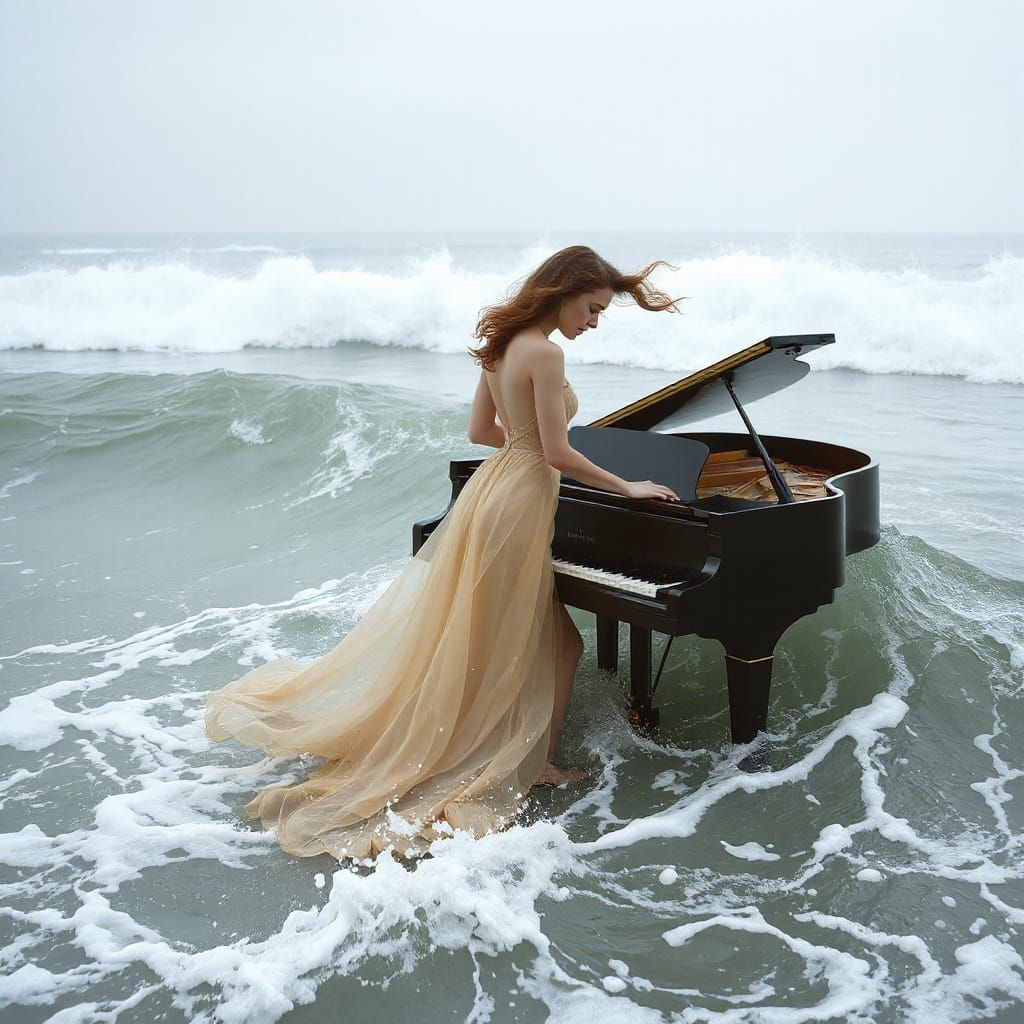 Ethereal Woman Plays Ocean Piano in Surreal Dreamscape
