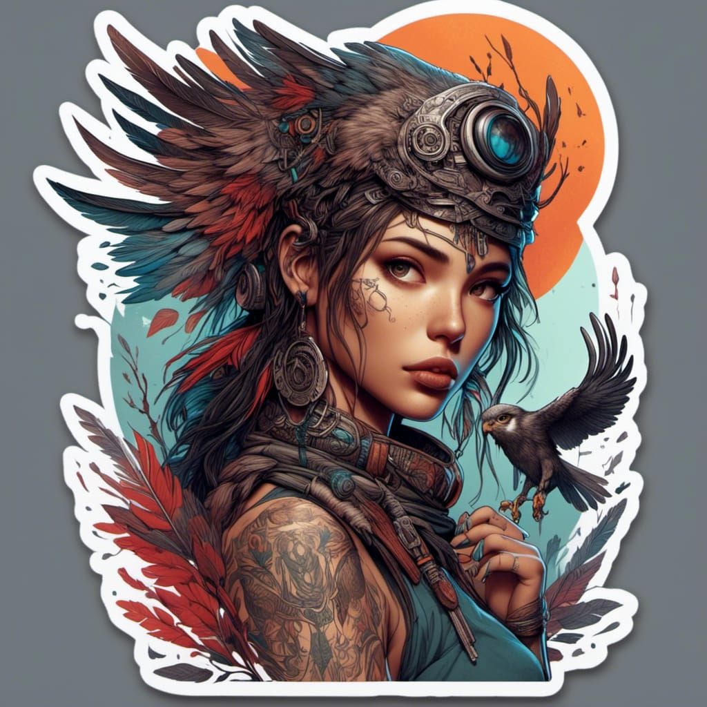 Detailed Hunter Girl Sticker with Falcon