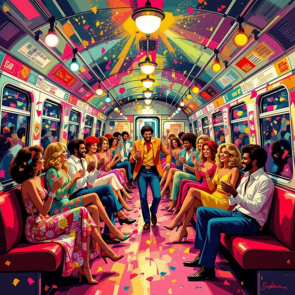 Retro Train Party With Dancing 1970s Fashion Crowd