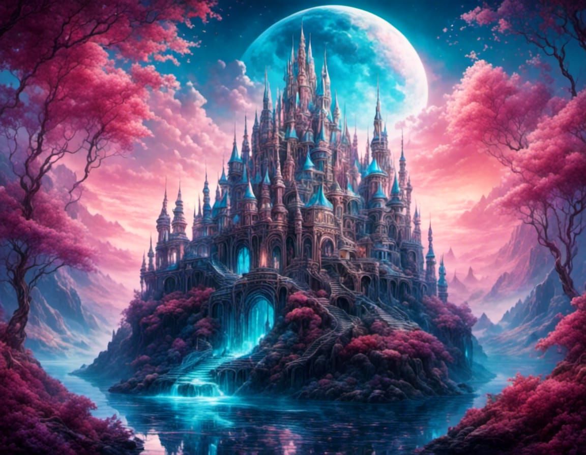 Crystal Castle in Moonlit Fantasy Landscape