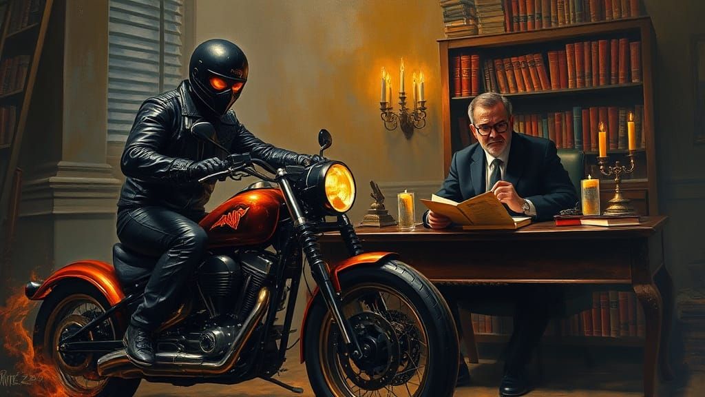 Spectral Motorcyclist Meets Ghost Writer as Oil Painting