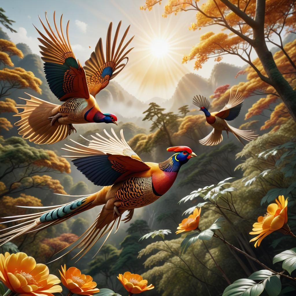 Golden Pheasants Fly Over Chinese Forests