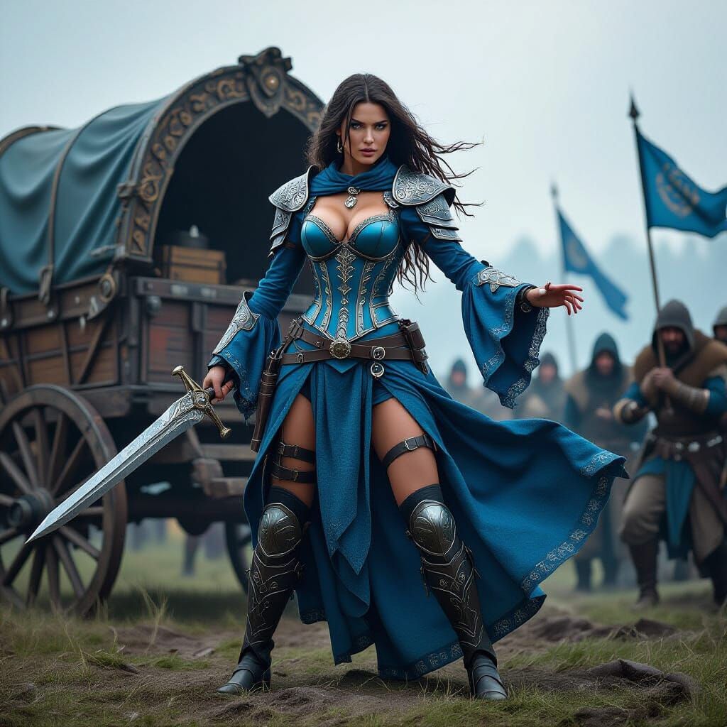 Fantasy Warrior Defends Wagon on Chaotic Battlefield