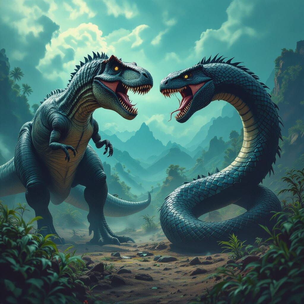 Primal Clash: T-Rex, Mamba, Megalodon in Fantasy Landscape