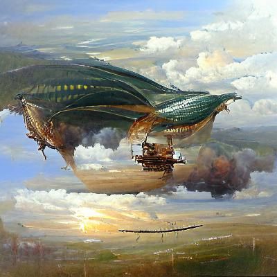 Dragon Hunting Airship as Oil Painting