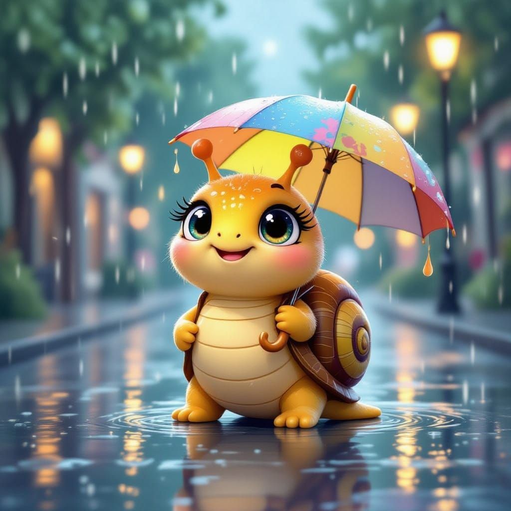 Cute Plush Snail with Sparkling Eyes in Magical Rain