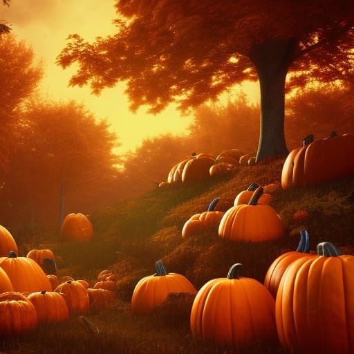 Pumpkins in Autumn Forest: Detailed Matte Painting