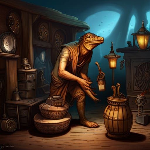 Lizardfolk Merchant Inspects Wares: Fantasy Concept Art
