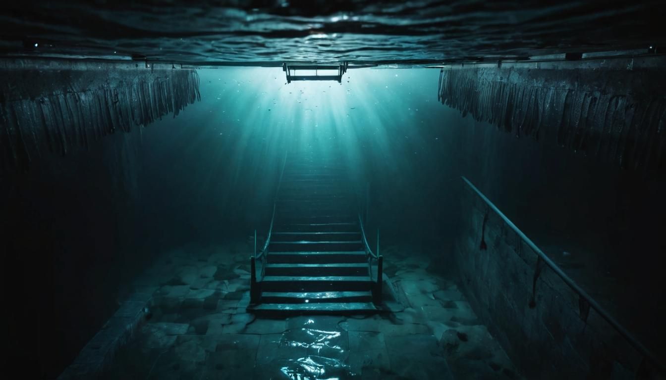 Eerie Basement Entrance in Japanese Pool, Photorealistic