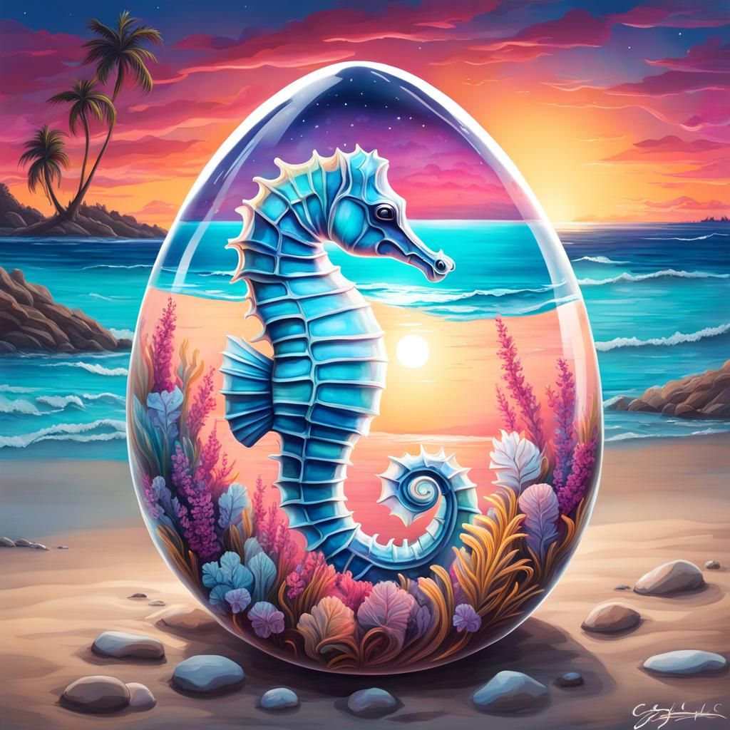 Bioluminescent Seahorse in Egg, Graffiti Art Style