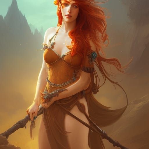 Redhead Desert Elf Druid Portrait in Art Nouveau Style