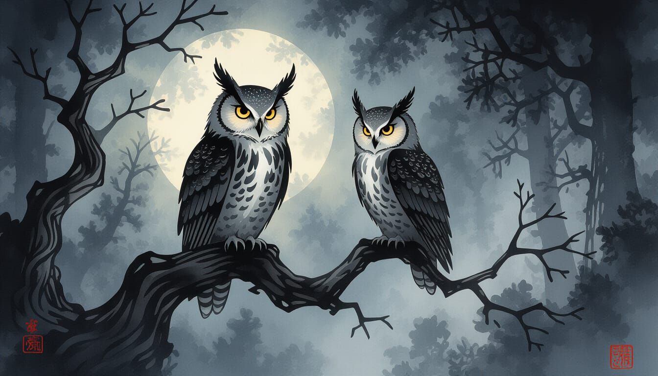 Ancient Owl on Spectral Branch in Misty Forest