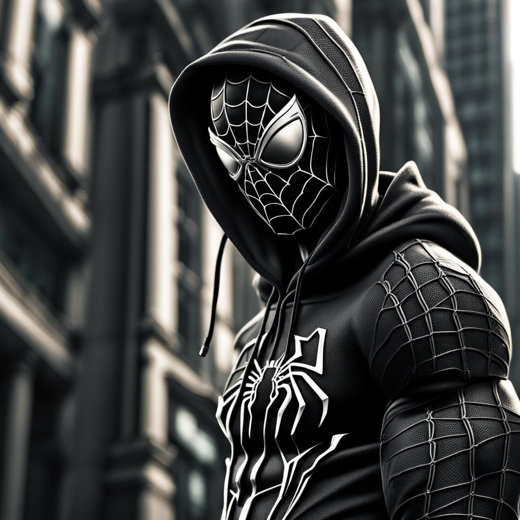 Hyperrealistic Black Spiderman with Hoodie and Headphones