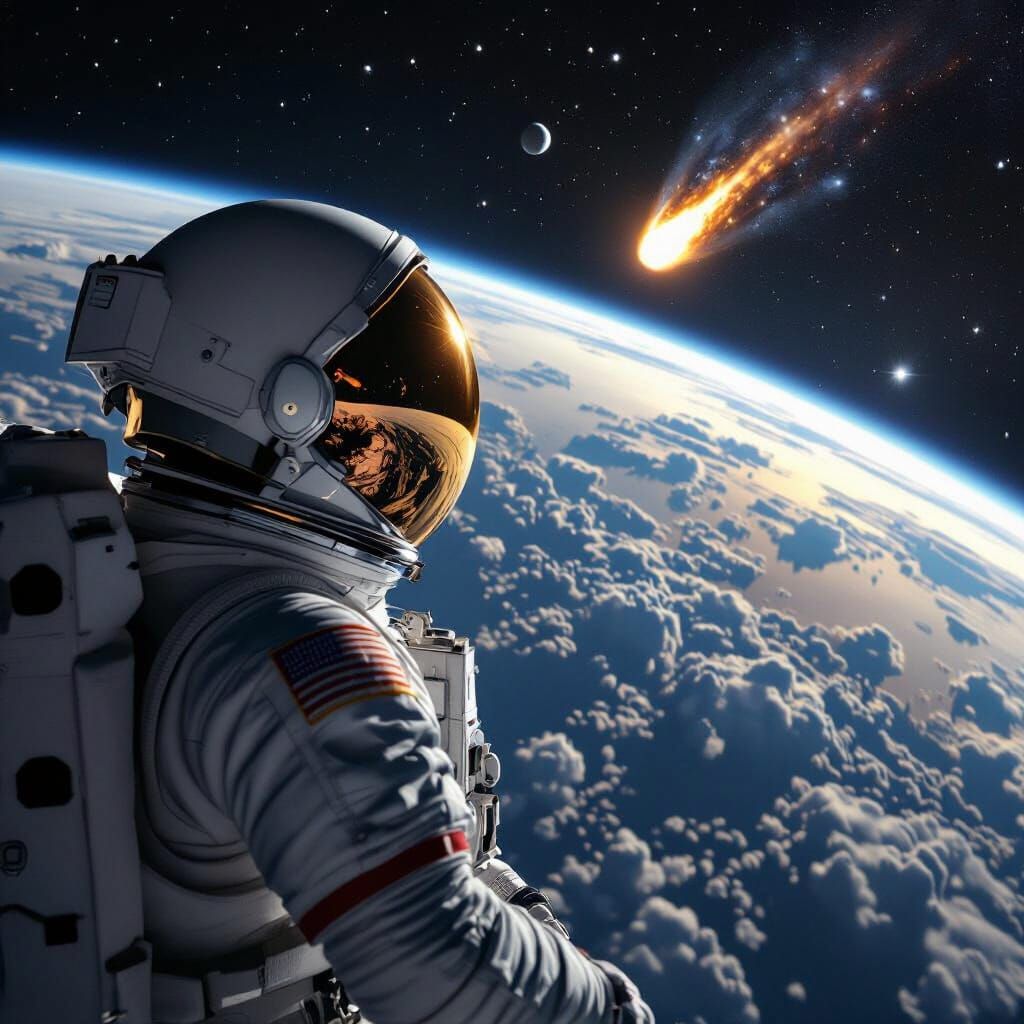 Astronaut's View: Comet Threatens Earth, Hyperrealistic Styl...