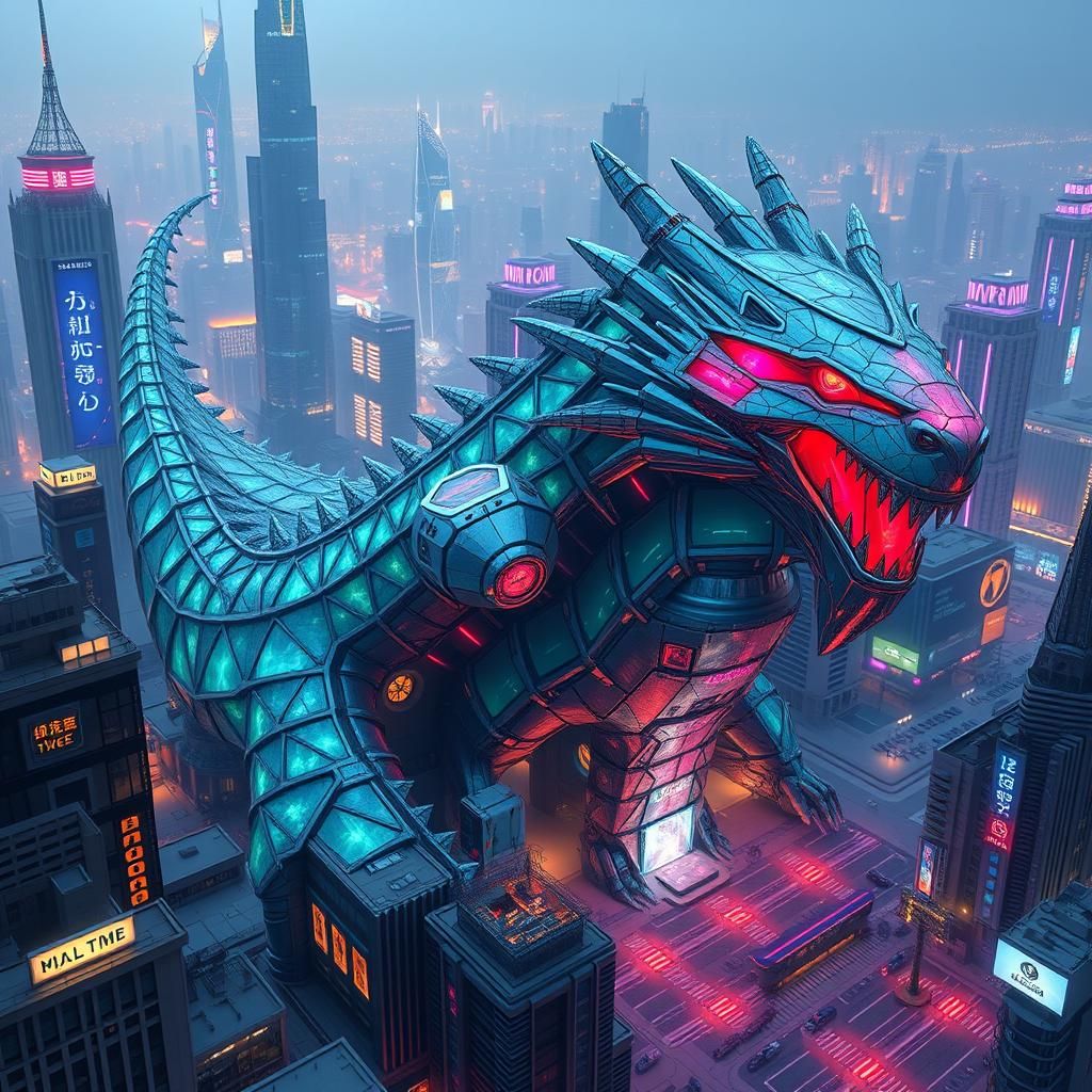 Futuristic Dragon Building Complex in Cyberpunk Cityscape