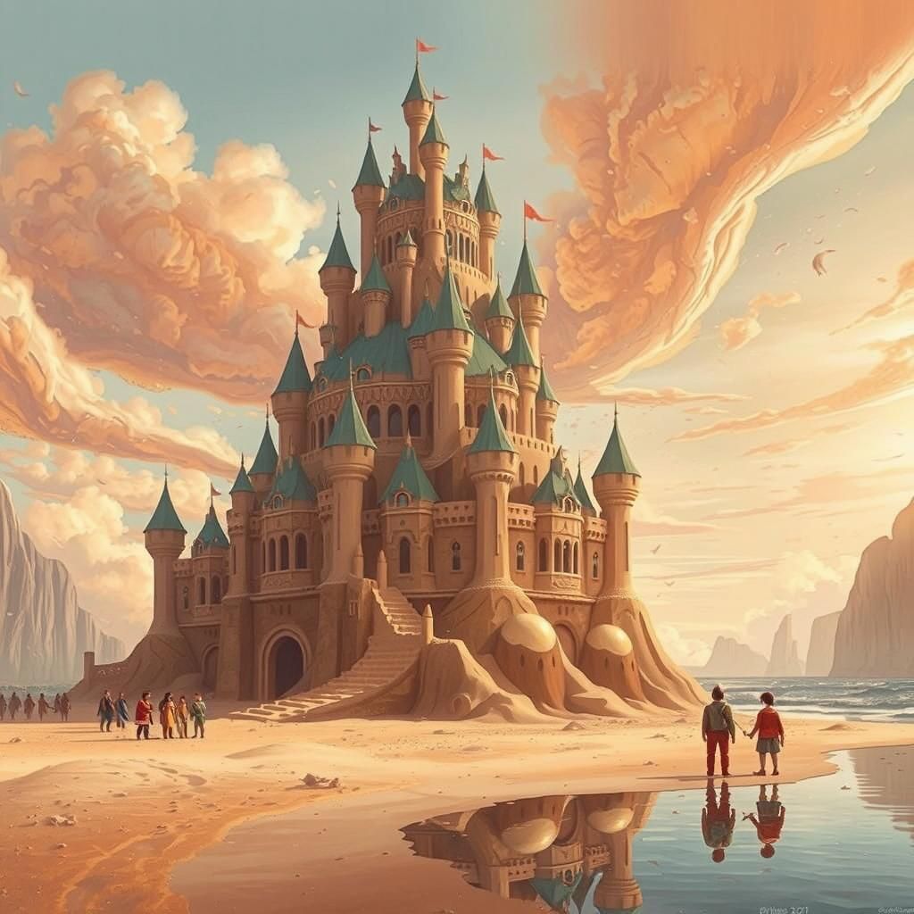 Miniature People Gaze at Majestic Sandcastle