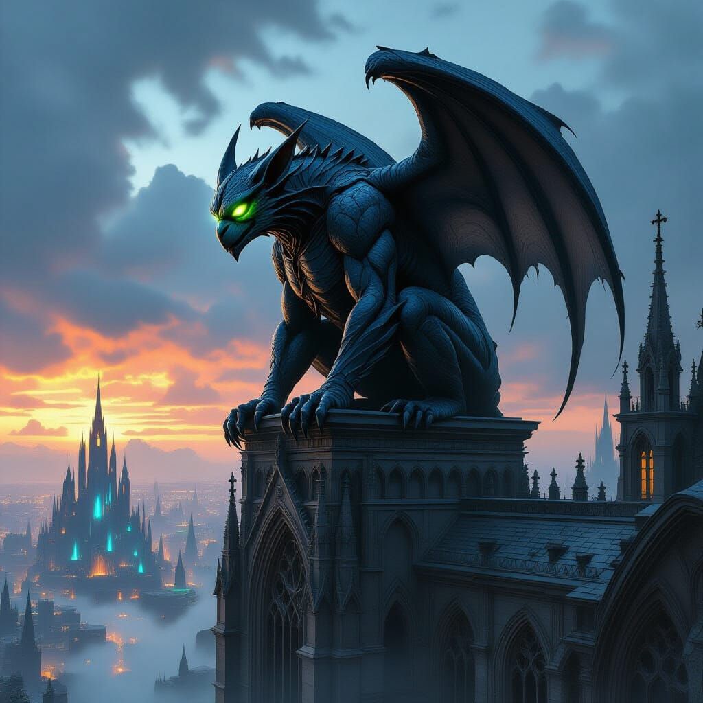 Obsidian Gargoyle on Gothic Cathedral Above Alien Landscape