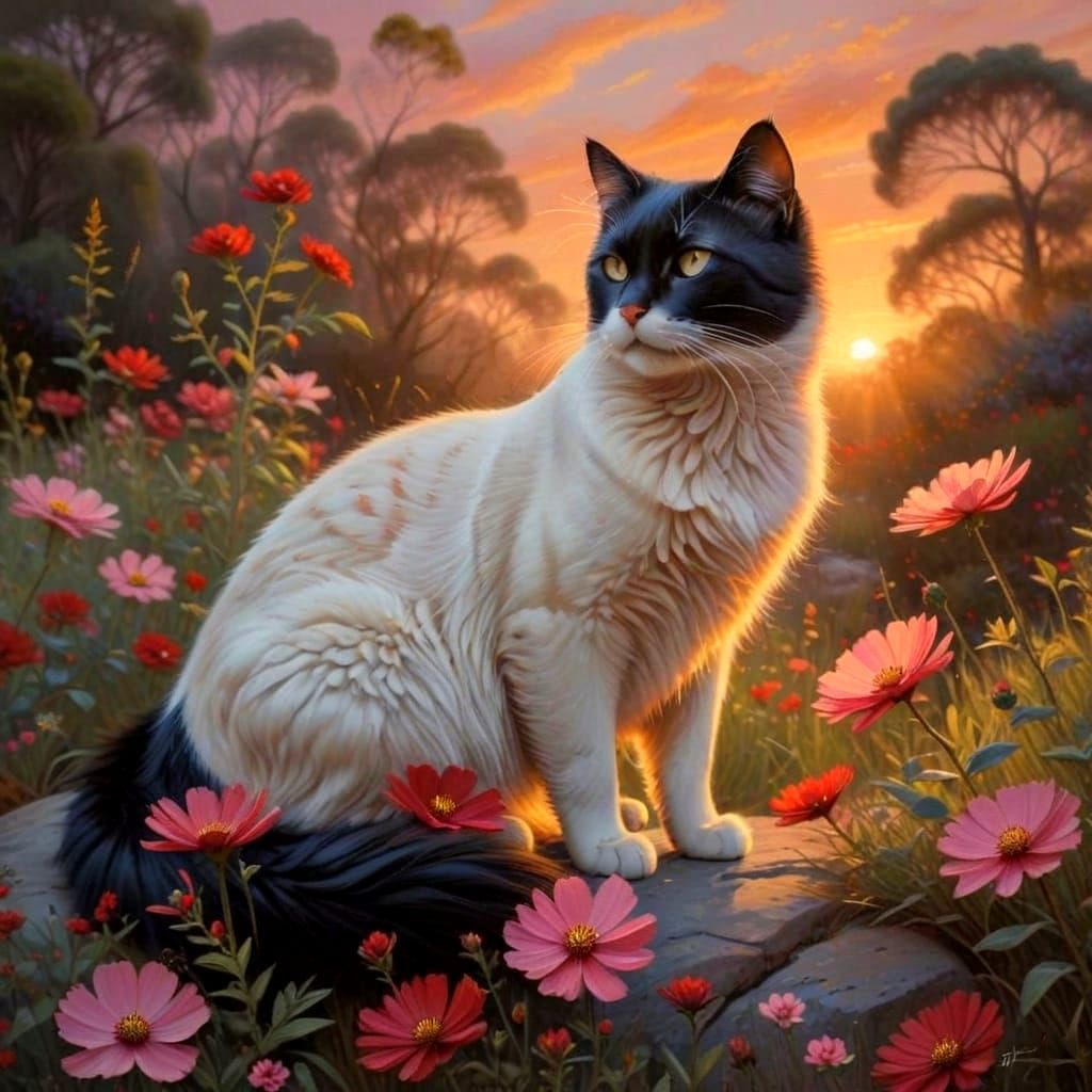 Regal Black Cat Surrounded by Vibrant Cosmos in Soft Pastel ...
