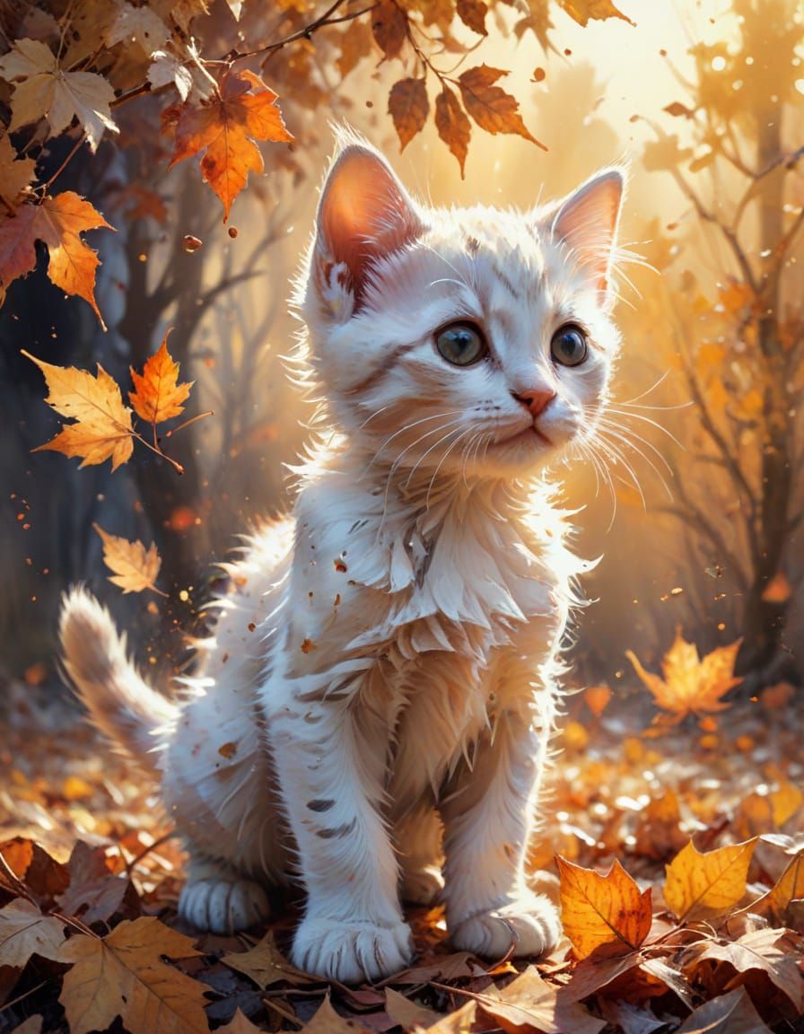 Adorable Kitten Playing: Stylized Watercolor Autumn Scene