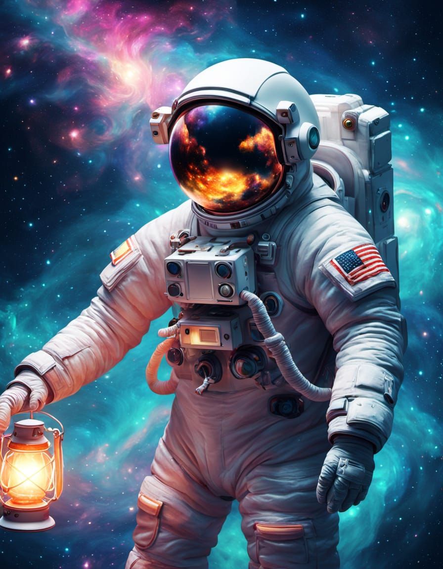 Astronaut in Nebula with Celestial Lantern, Art Nouveau Styl...