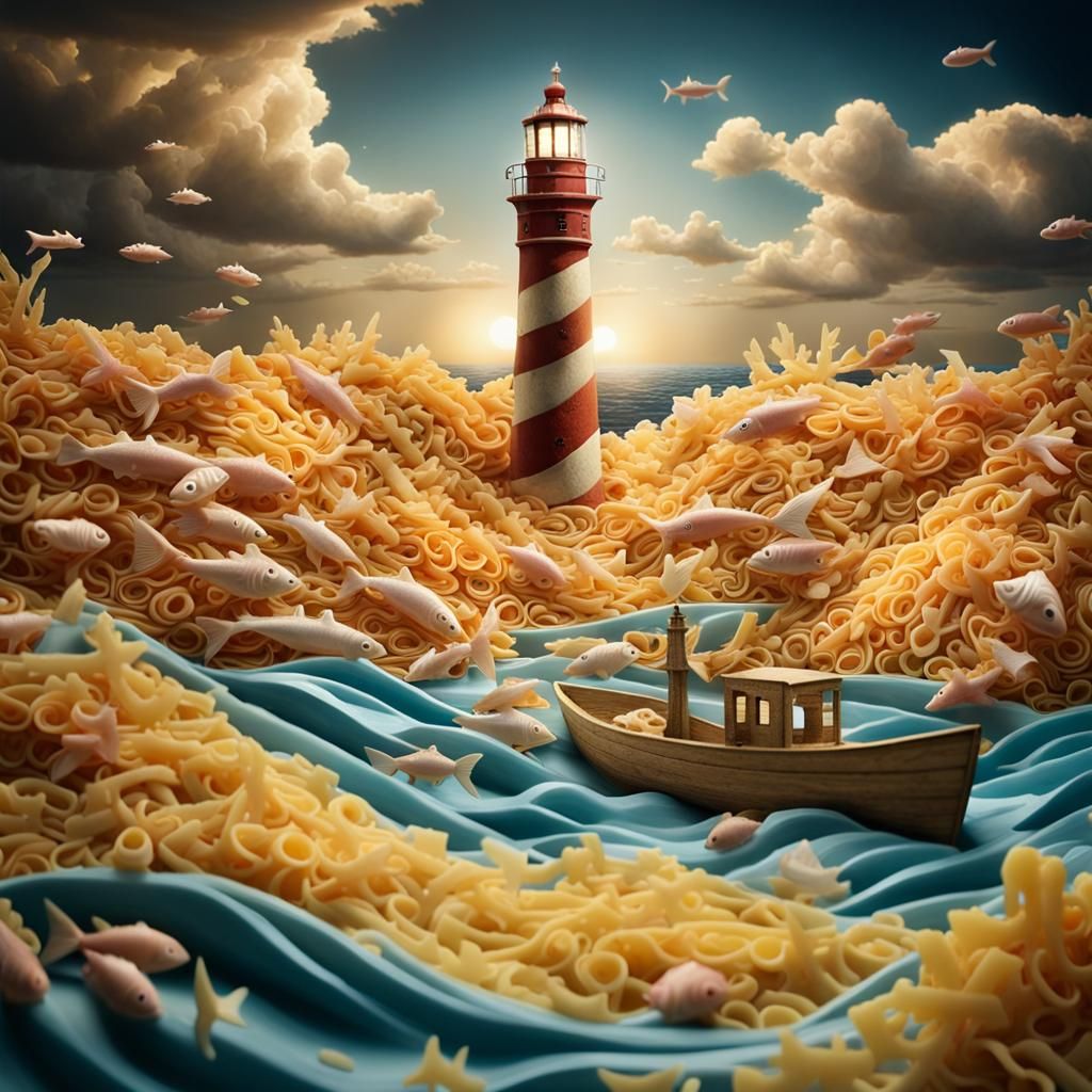 Surreal Foodscape Ocean of Fish and Pasta