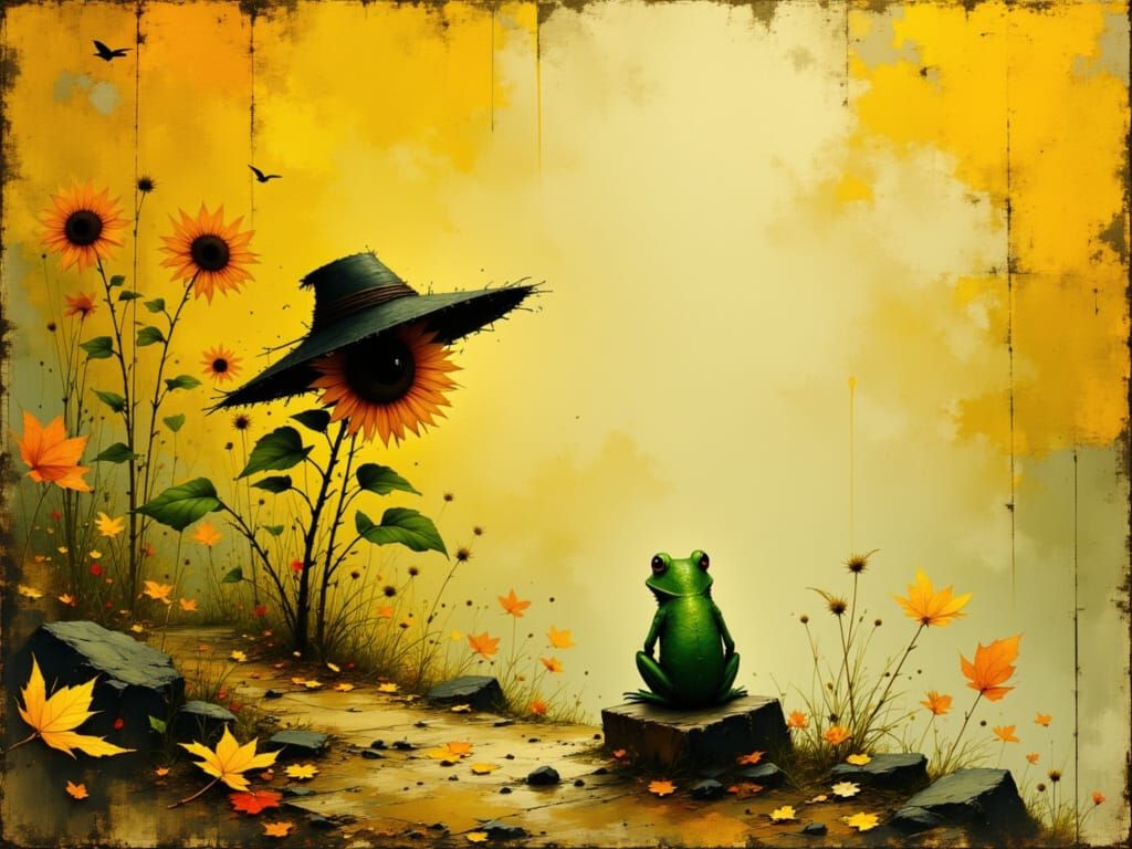 Autumn Sadness: Frog and Sunflower in Gold