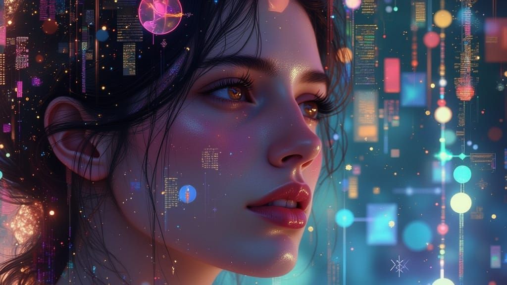 Ethereal Woman in Futuristic Data Streams