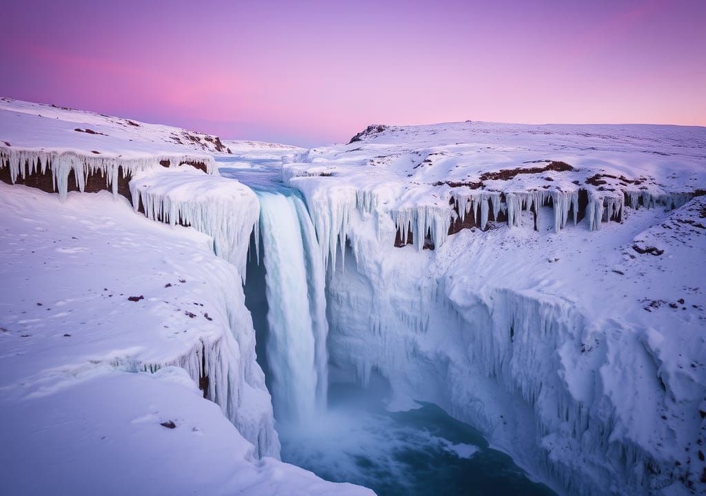 Icy Waterfall in Violet Evening Light