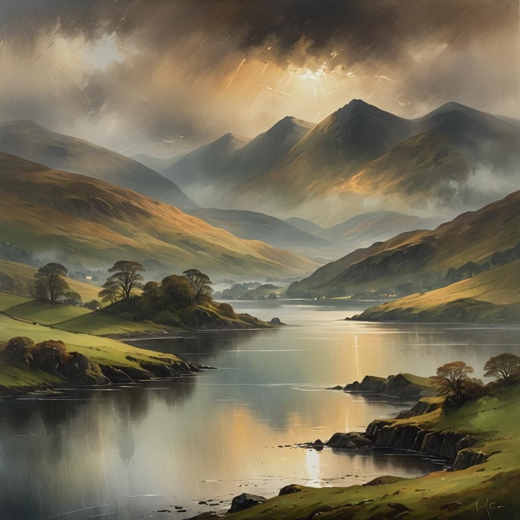 Misty Scottish Loch Landscape Painting in Turner Style