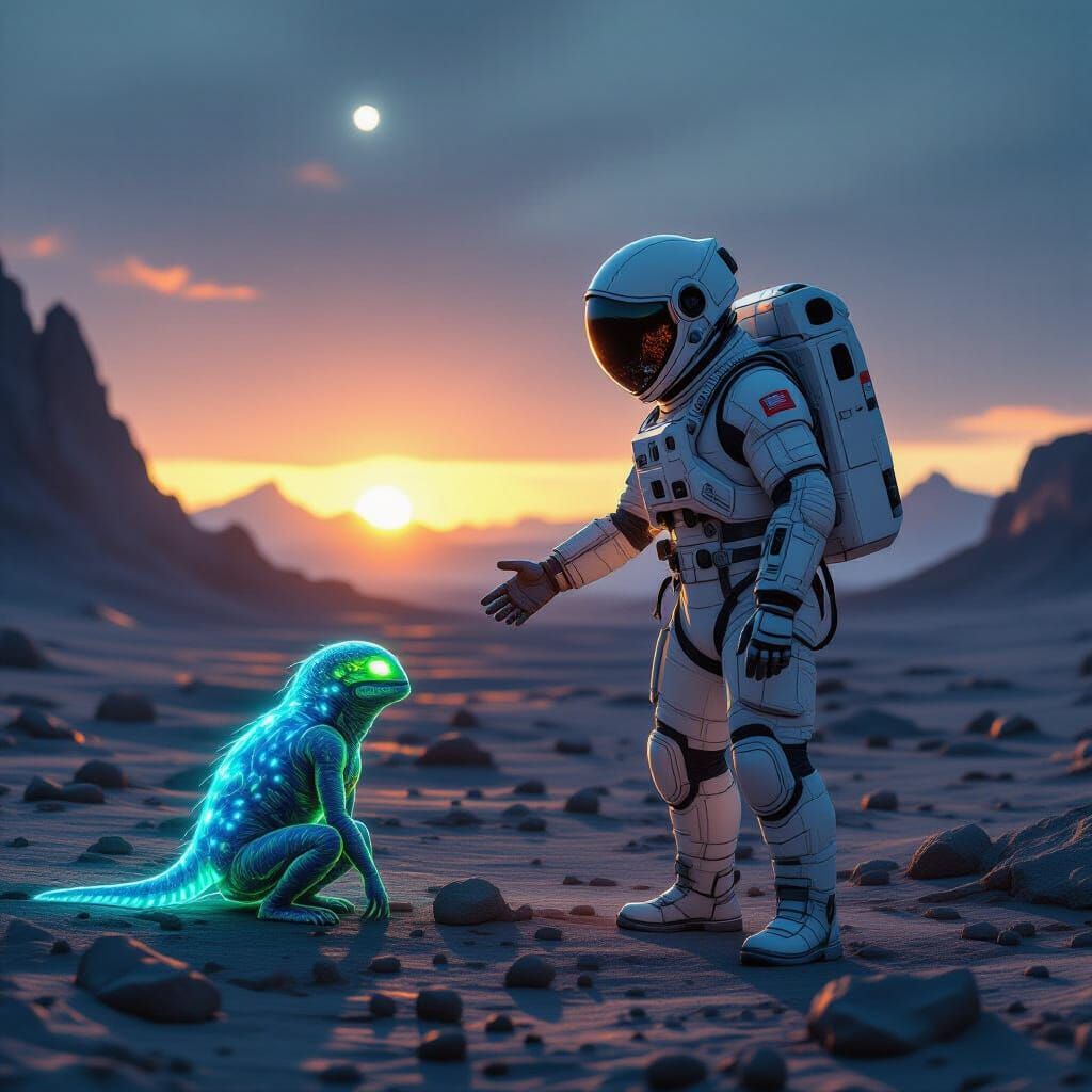 Astronaut Offers Hand to Alien Under Binary Sunset