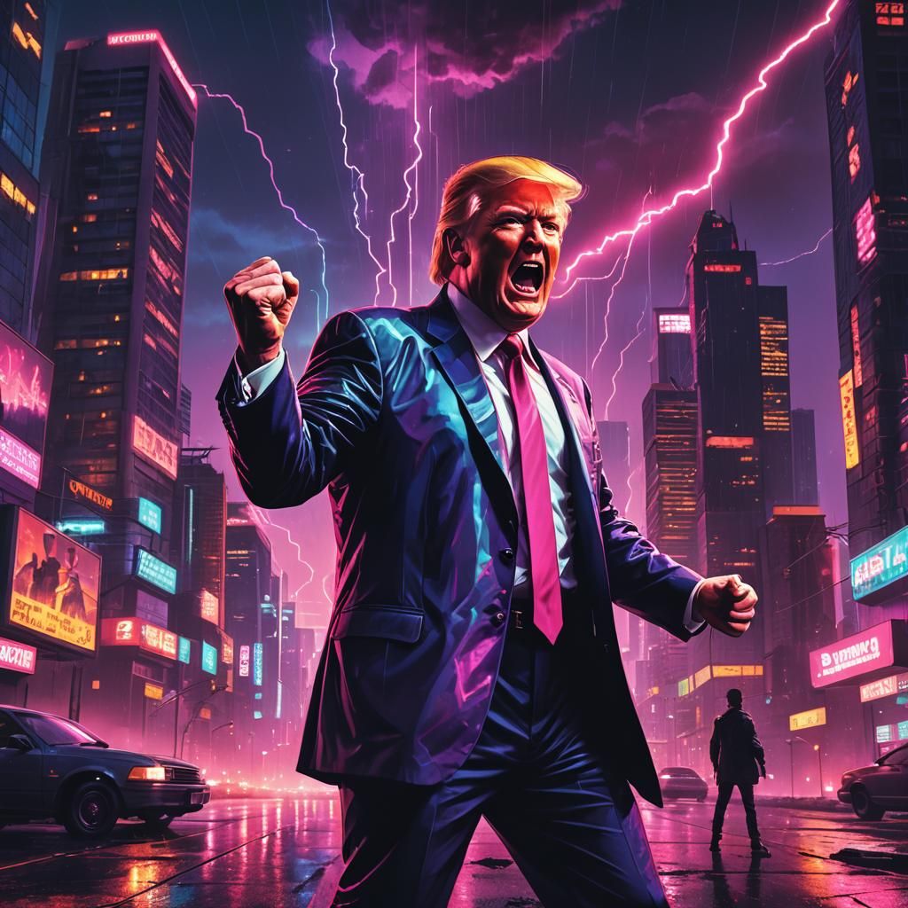 Synthwave Trump Yelling in Neon Cityscape