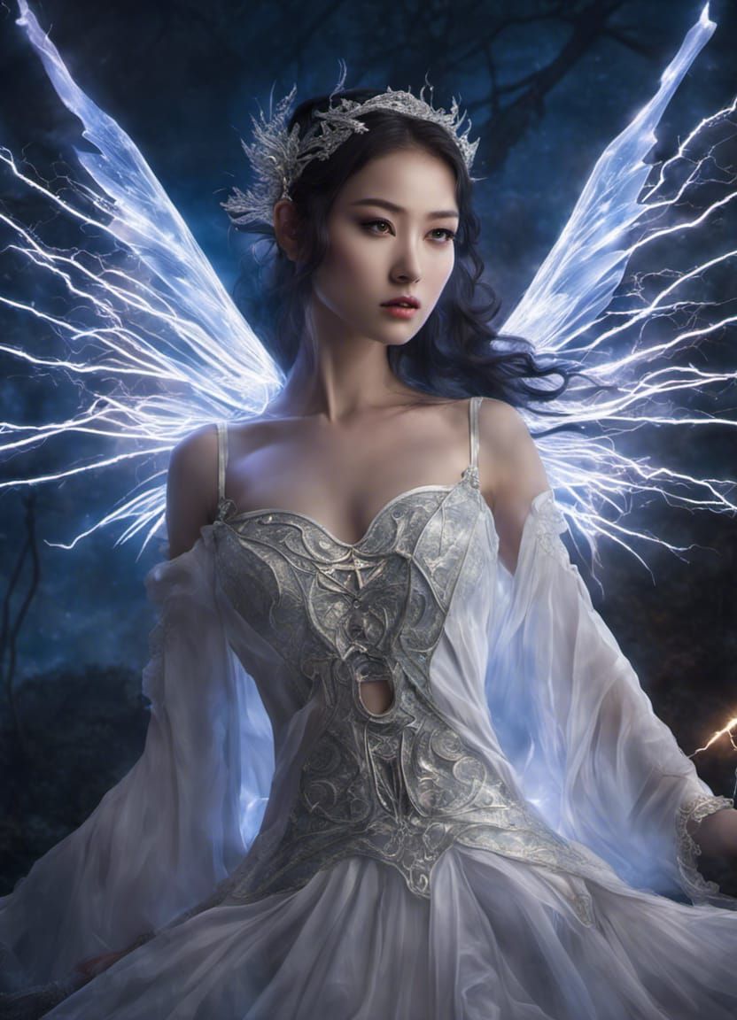 Fairy Woman Casting Lightning Spell in Fantasy Art