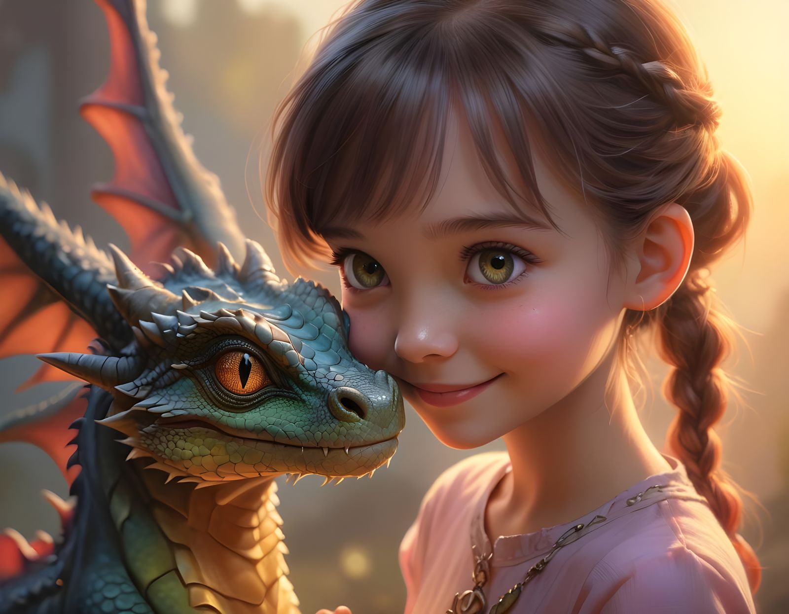 Hyperrealistic Girl and Dragon in Soft Pastel Dawn