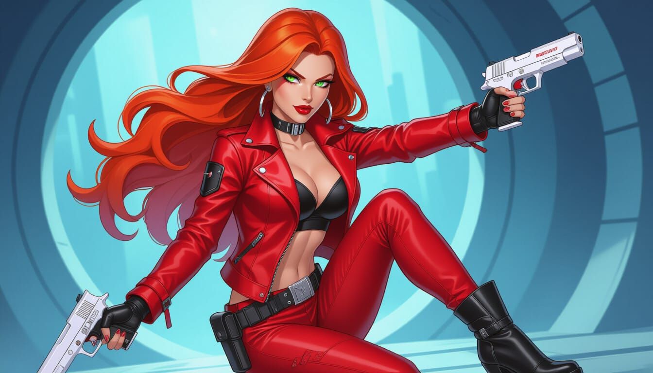 Cyberpunk Woman in Fiery Red Attire, Anime Style