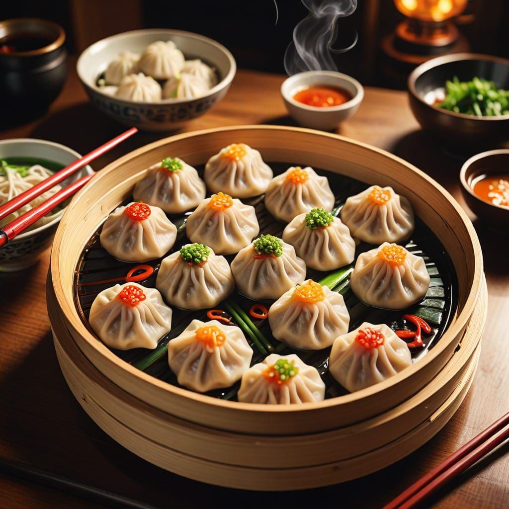 Savory Chinese Soup Dumplings in Warm Golden Light