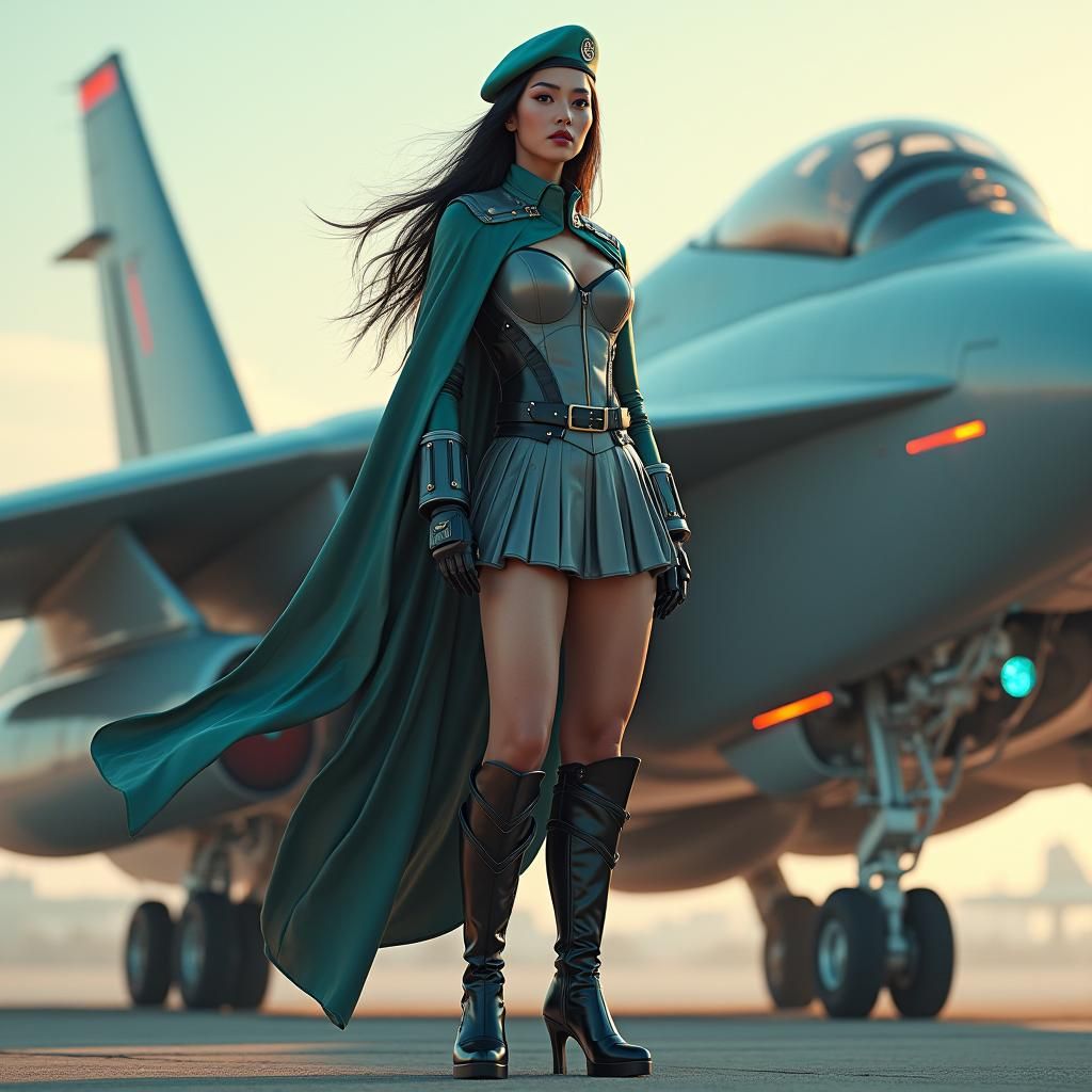 Futuristic Soldier in Sleek Uniform Before Aircraft