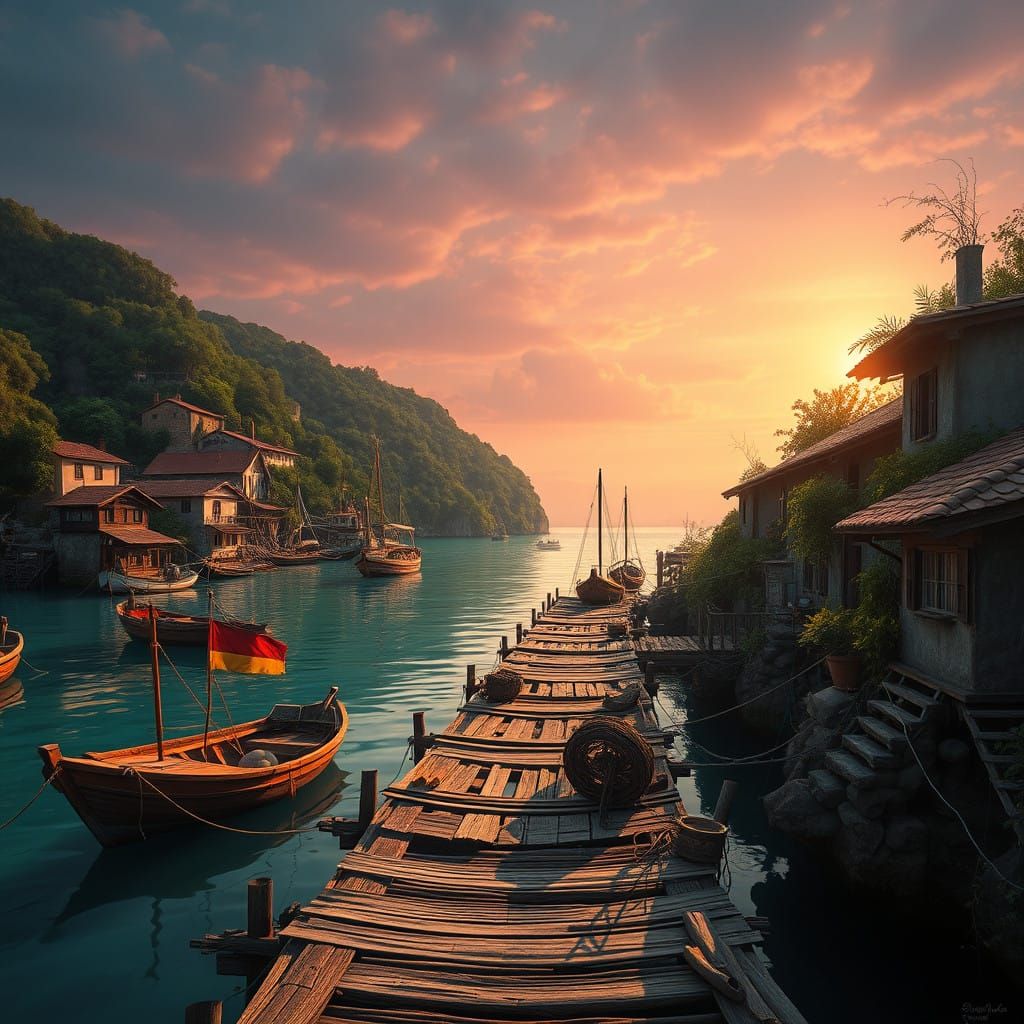 Tranquil Seaside Village at Sunset in Goblincore Style