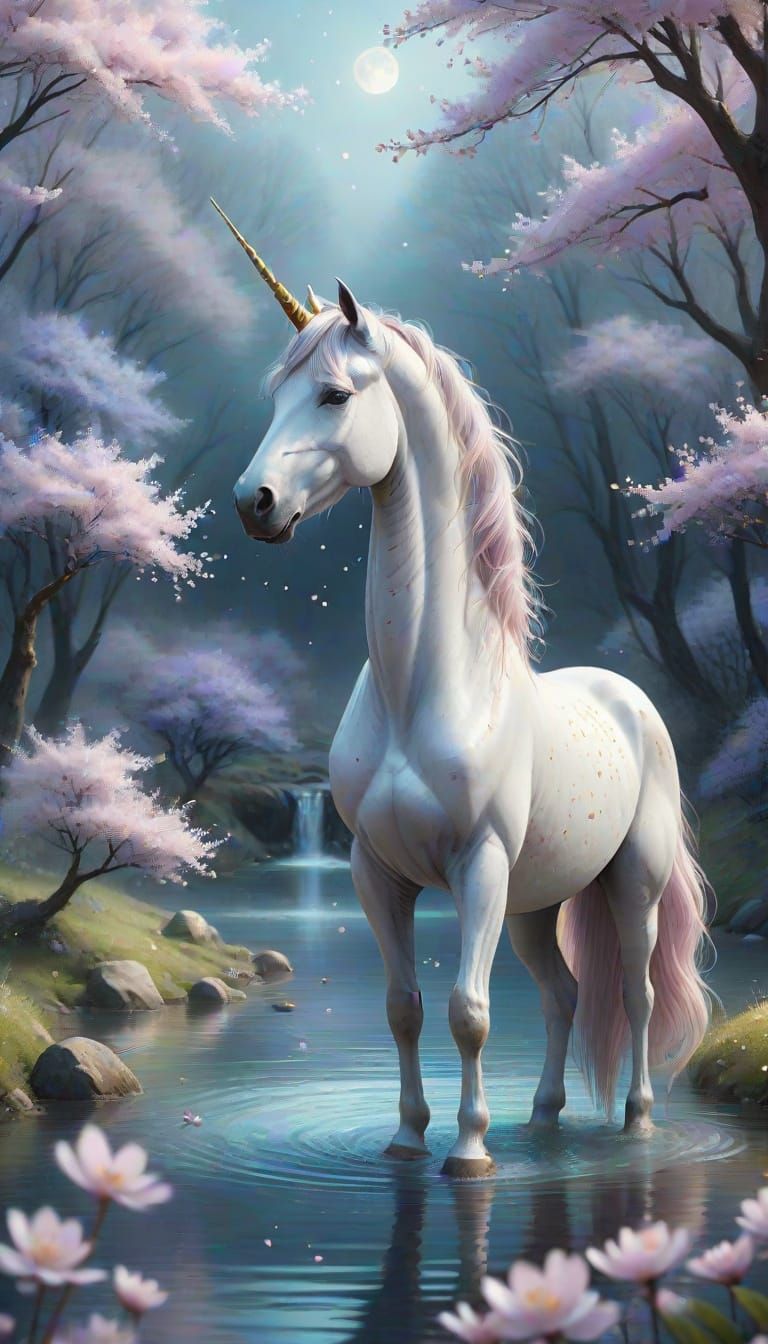 Whimsical Unicorn in Enchanted Cherry Blossom Glade