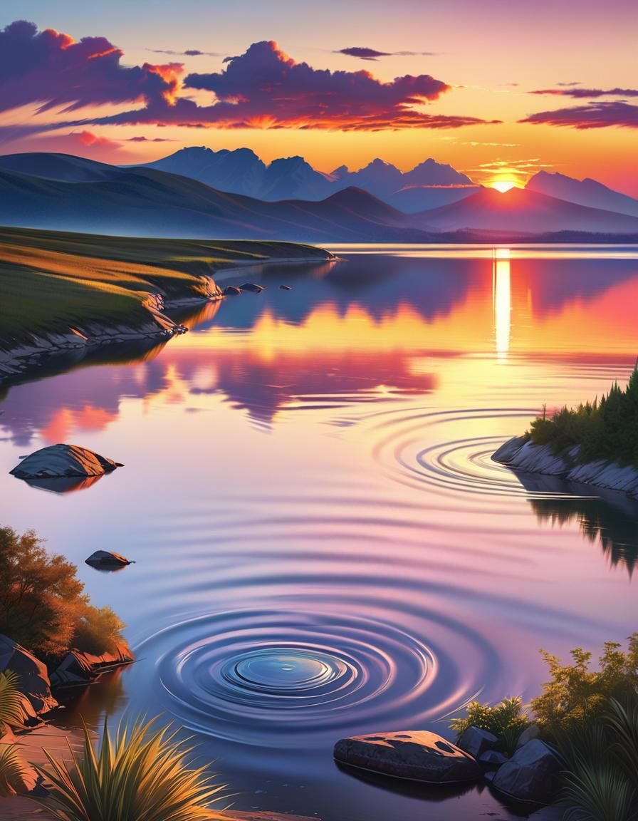 Vibrant Sunset Reflection: Serene Digital Landscape Art