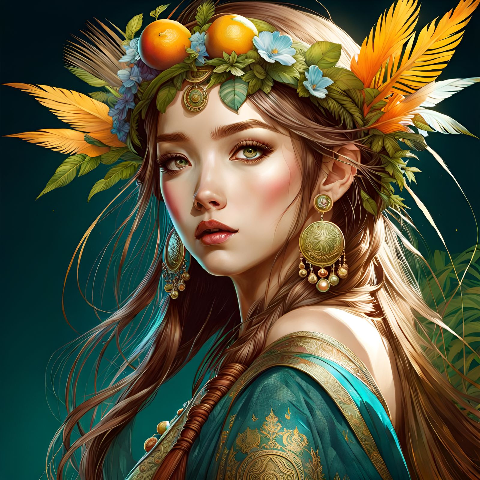 Elegant Woman with Headdress, Detailed Portrait