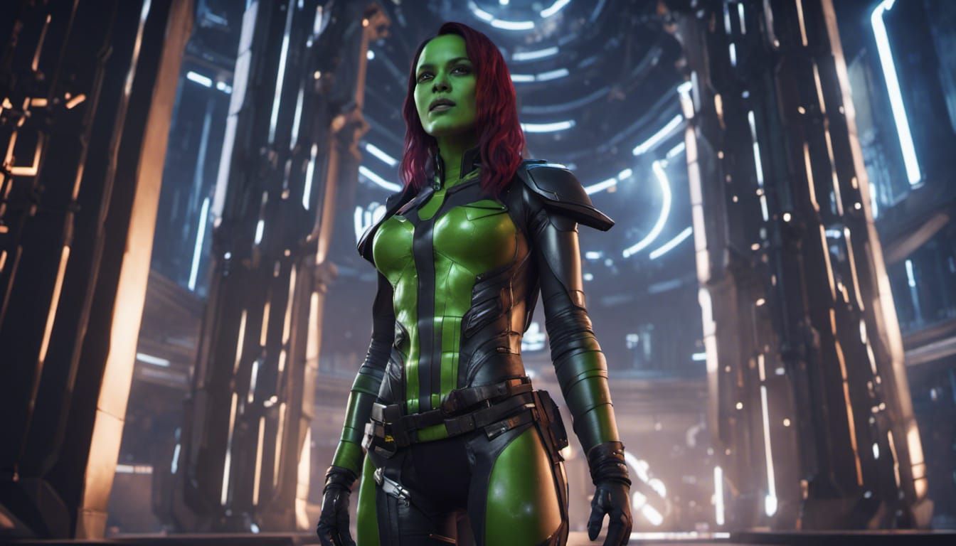 Gamora in Futuristic Costume Under Starry Sky