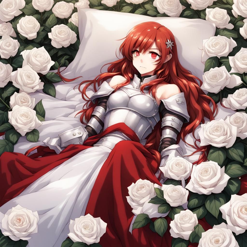 Red-Haired Woman in White Roses: Anime Art