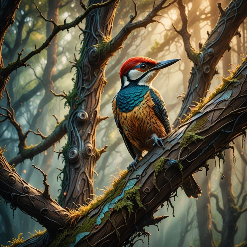 Ethereal Woodpecker Dances in Dreamy Forest Glade