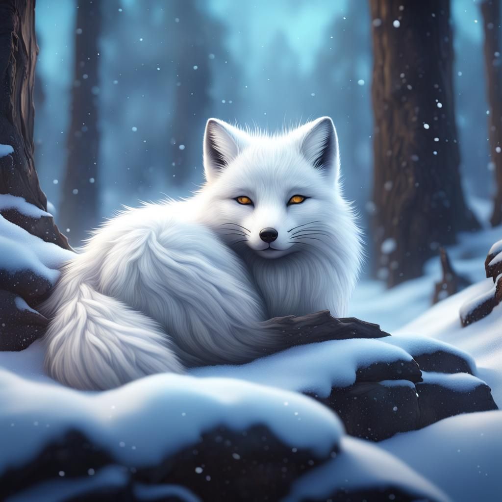 Cute Arctic Fox Sleeping in Snowy Forest