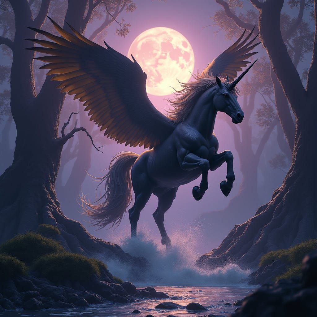 Majestic Male Unicorn Soars Over Serene Brook